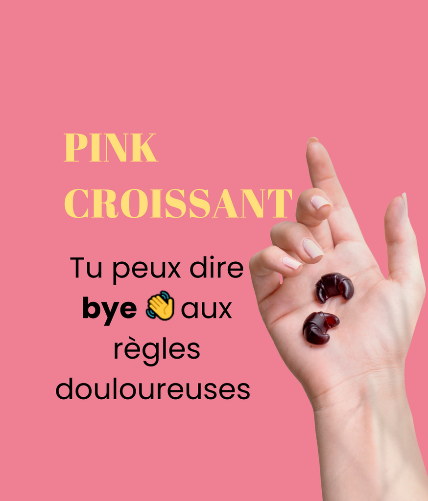 Pink Croissant de Ouity, les gummies anti règles douloureuses, à base de plantes naturelles, vitamiens et zinc. pour soulager le SPM et les douleurs de règles. Made in France et vegan. 