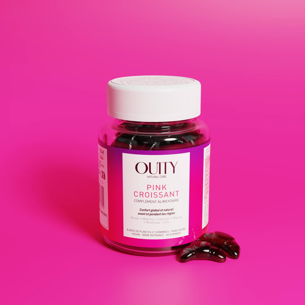 Pink Croissant le meilleur gummy anti SPM et règles Douloureuses. De Ouity Natural Care. Vendu en pot de 30 gummies (15 jours de cure). Plante adaptogènes, gattilier, zinc, Matcha, des plantes naturelles pour lutter contre l'acné hormonale, les crampes et les sautes d'humeur. 