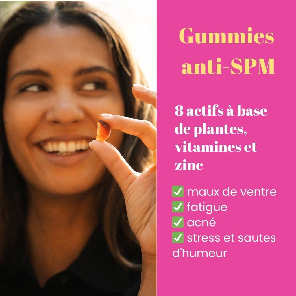 Pink Croissant le meilleur gummy anti SPM et règles Douloureuses. De Ouity Natural Care. Plantes et vitamines adaptogènes, gattilier, zinc, Matcha, des plantes naturelles pour lutter contre l'acné hormonale, les crampes et les sautes d'humeur. 