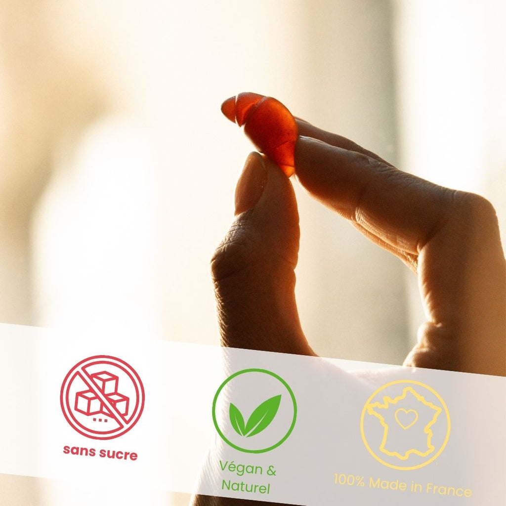Pink Croissant le meilleur gummy anti SPM et règles Douloureuses. De Ouity Natural Care. formule sans sucre et made in France. Plante adaptogènes, gattilier, zinc, Matcha, des plantes naturelles pour lutter contre l'acné hormonale, les crampes et les sautes d'humeur. 