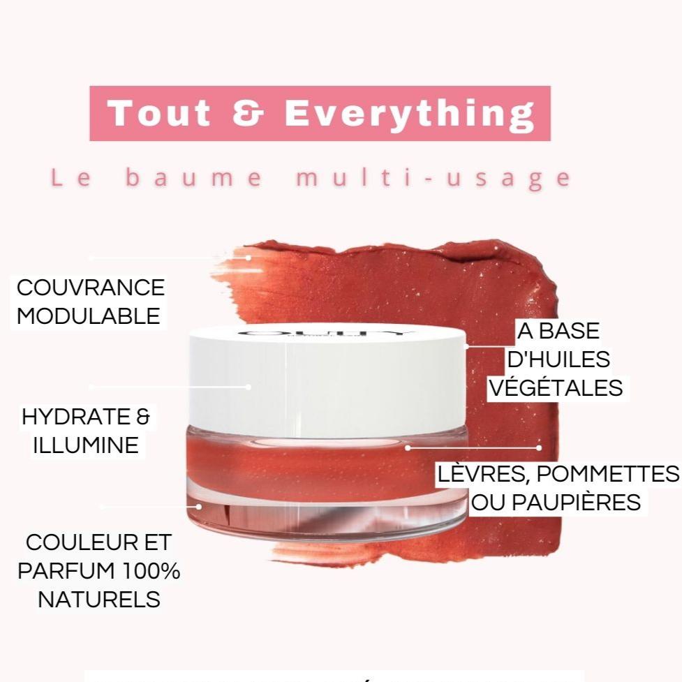 Tout & Everything de Ouity est un baume crémeux, lumineux et coloré, avec une couvrance modulable, il est parfait pour les lèvres, les pommettes, les paupières. Pour un effet maquillé nude ou intense.