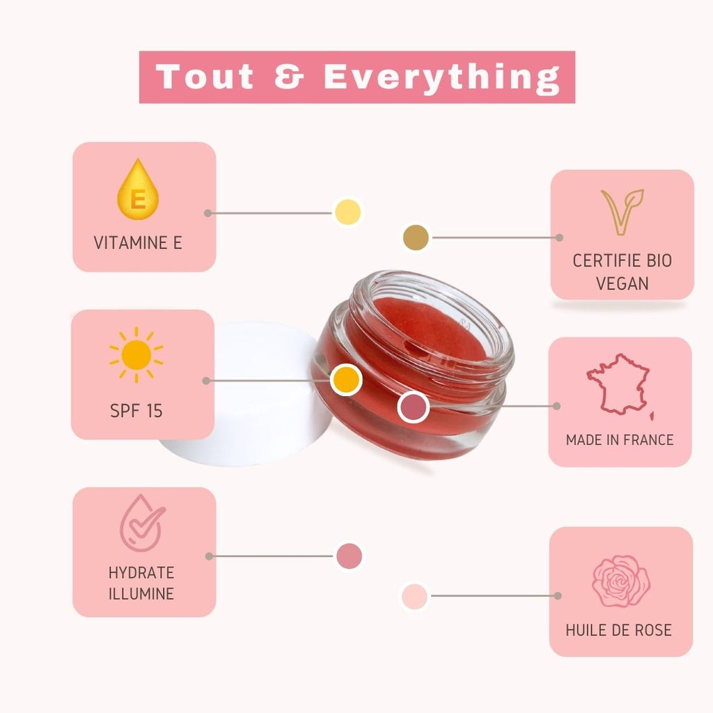 Focus sur notre formules certifiée bio et 100% naturelle pour notre multi baume lip and cheek de Ouity : tout and everything. 