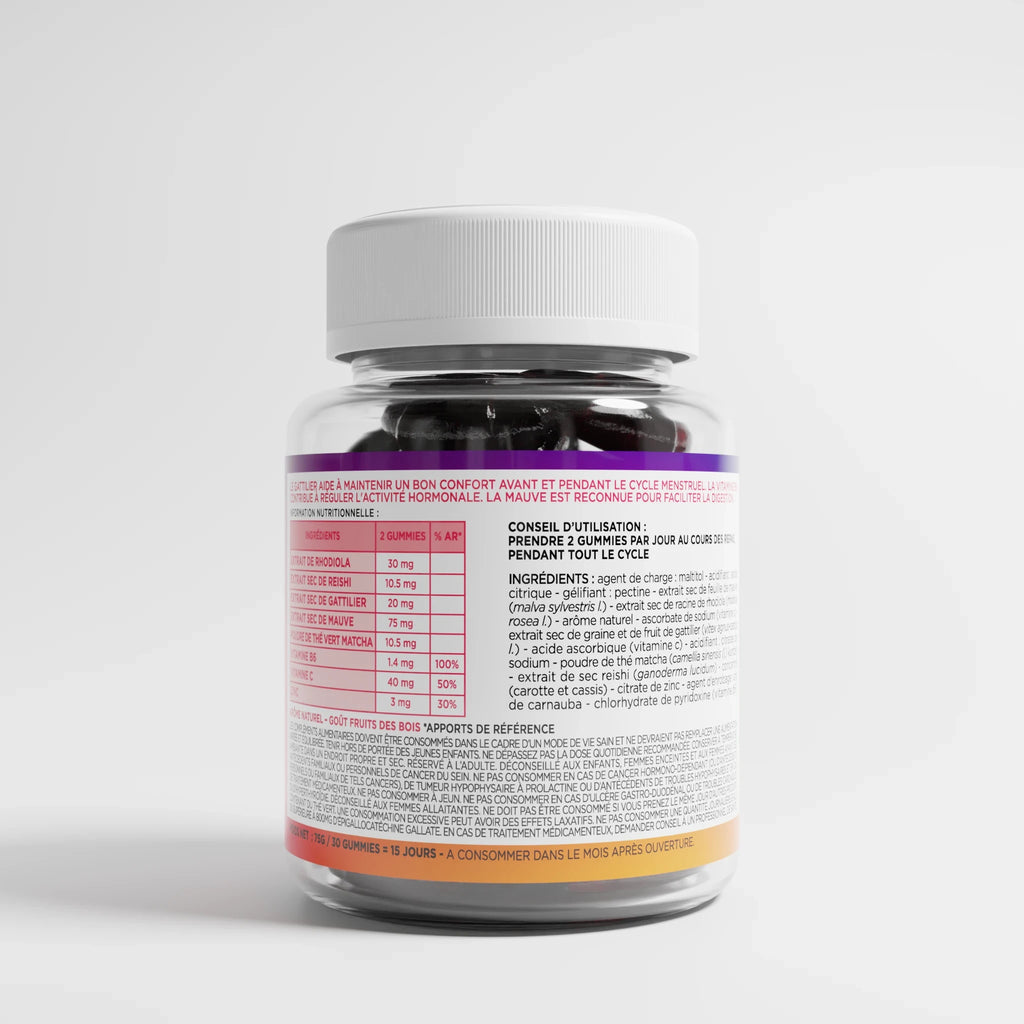 Pink Croissant le meilleur gummy anti SPM et règles Douloureuses. De Ouity Natural Care. Dos de pack avec notice. Plante adaptogènes, gattilier, zinc, Matcha, des plantes naturelles pour lutter contre l'acné hormonale, les crampes et les sautes d'humeur. 