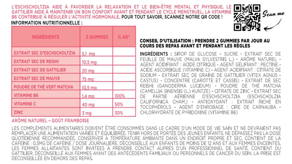 Etiquette du pink croissant avec composition détaillée des ingrédients : gattilier, mauve, matcha, vitamine B6 et vitamine C, zinc, pavot de californie, reishi
